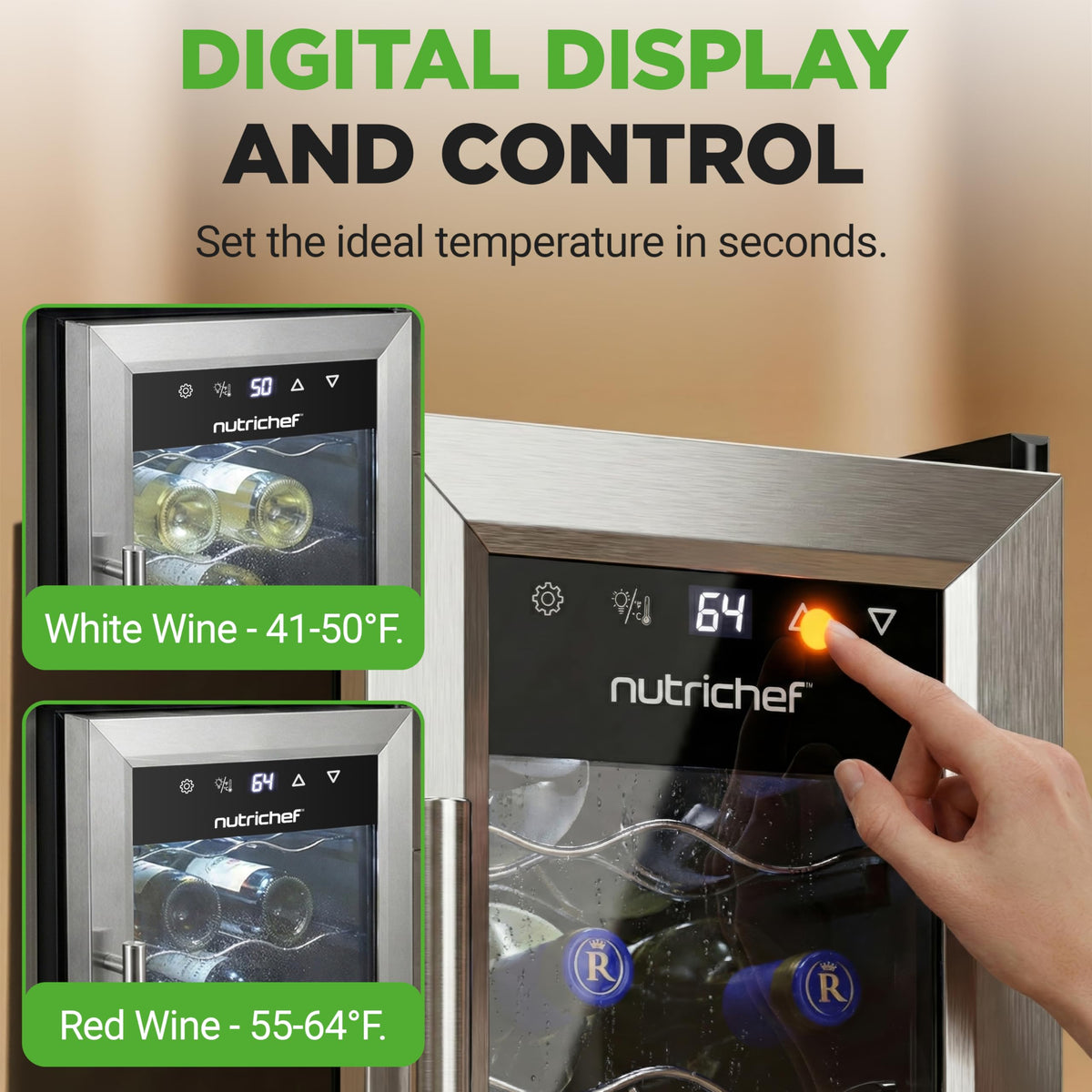 NutriChef wine fridge digital soft-touch panel for precise temperature control.