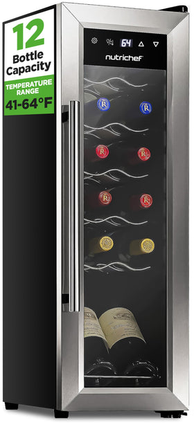 NutriChef 12-bottle wine fridge front-view showing compact storage capability.