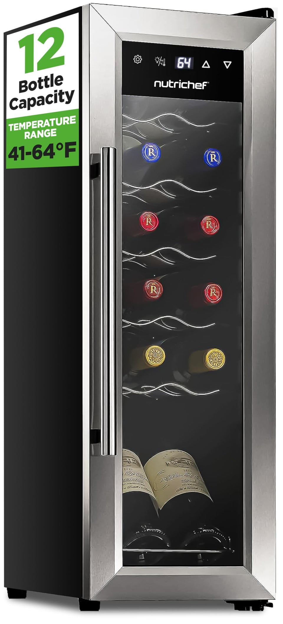 NutriChef 12-bottle wine fridge front-view showing compact storage capability.