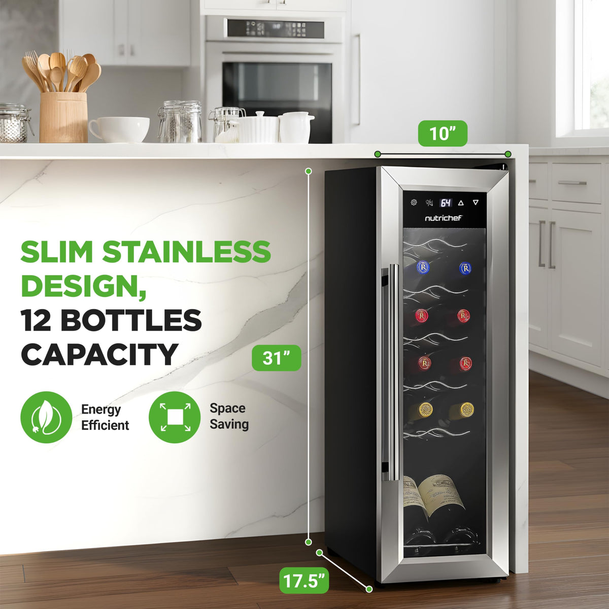 NutriChef wine fridge interior LED light enhances bottle visibility for tastings.