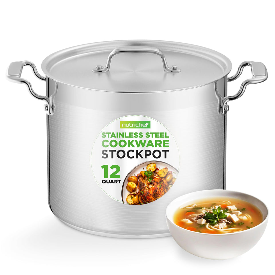 NutriChef 12-quart stockpot with lid for large-batch soups and stews.