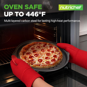 NutriChef 14.8 by 13 inch pizza tray fits standard ovens.