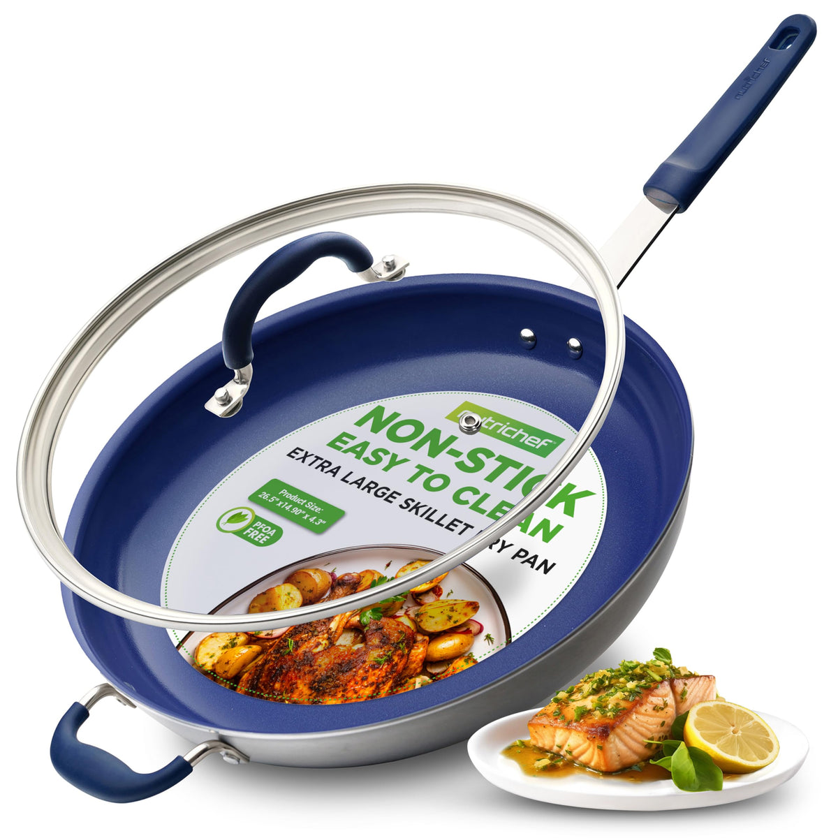 NutriChef 14in fry pan with lid — wide surface for even searing