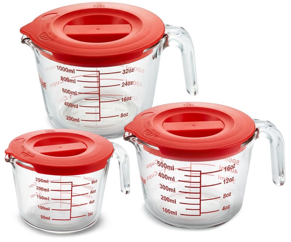 NutriChef 1-cup glass measuring cup with rotate-to-pour for spill-free pouring.