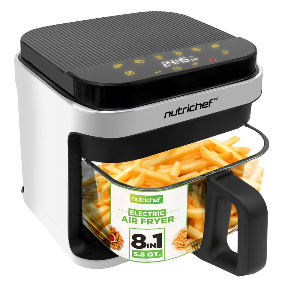 NutriChef 5.8-quart air fryer with transparent bowl for monitoring browning