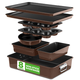 NutriChef 8-piece nonstick bakeware set on a rack ready for batch baking