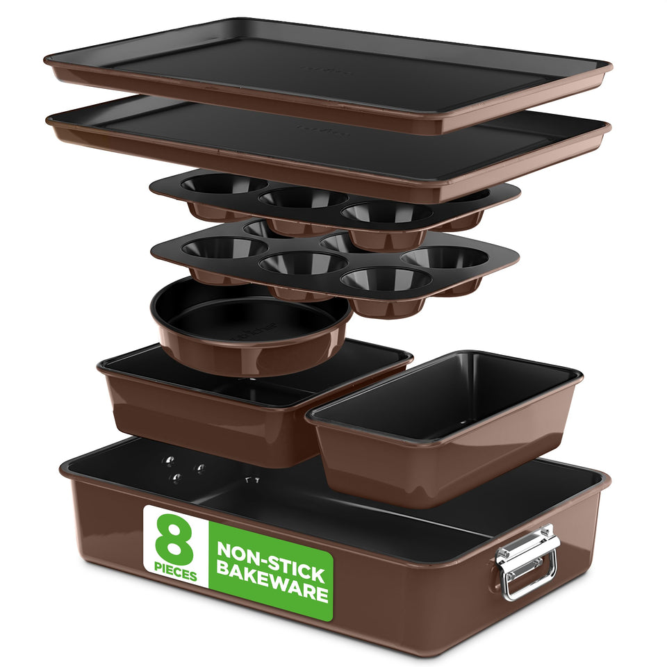 NutriChef 8-piece nonstick bakeware set on a rack ready for batch baking