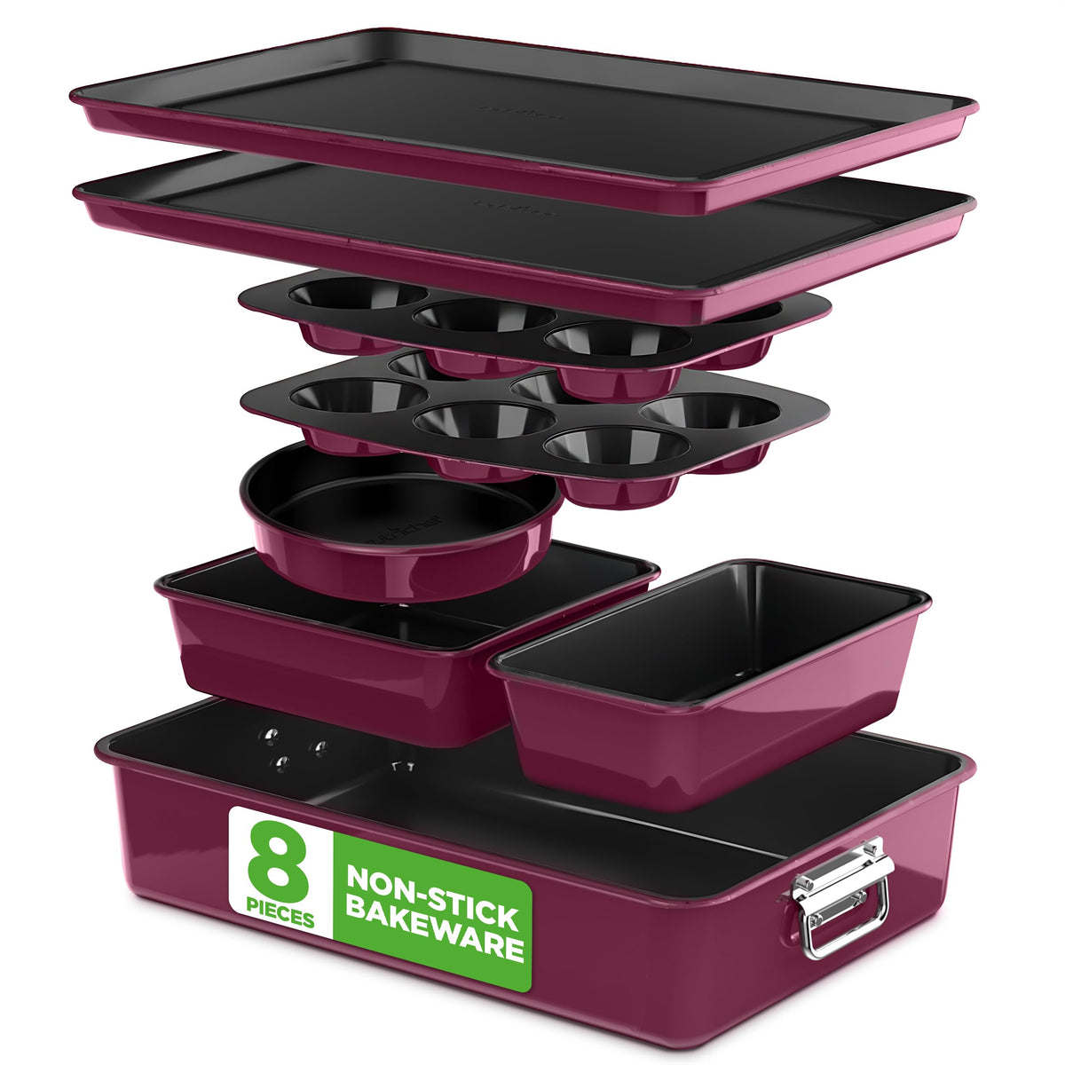 NutriChef 8-piece bakeware set assembly shown with nonstick coating for easy release