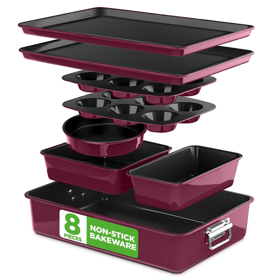 NutriChef 8-piece bakeware set assembly shown with nonstick coating for easy release