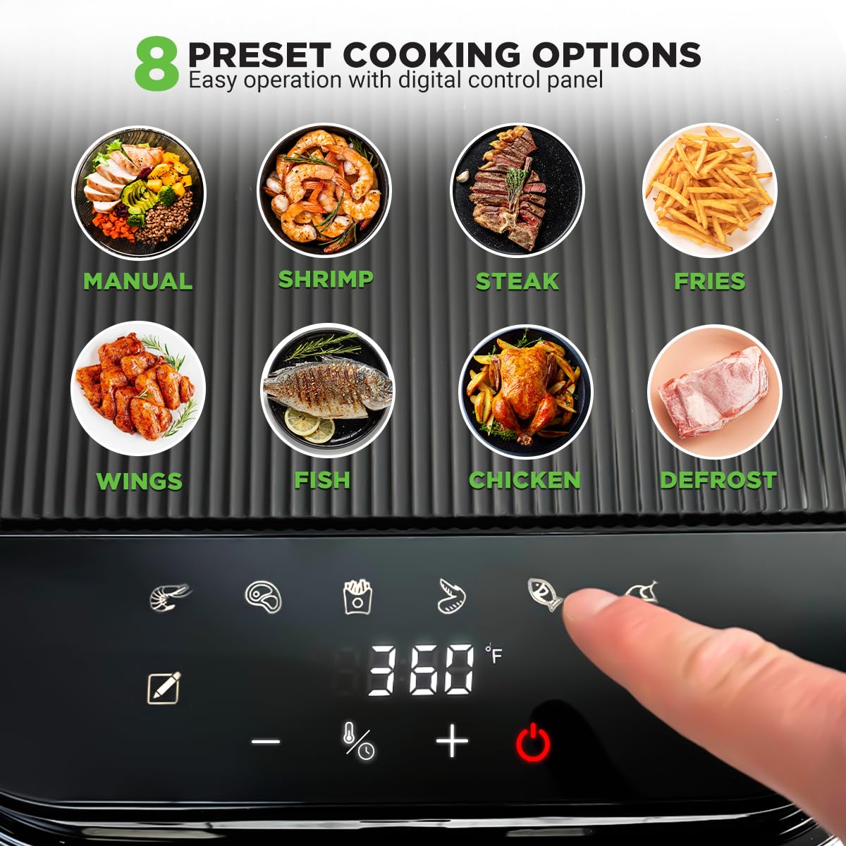NutriChef air fryer with 8 presets label for quick meals
