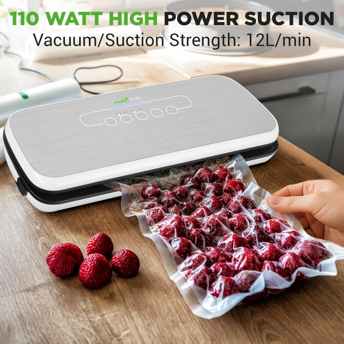 NutriChef automatic air sealing for dry and moist foods preserves freshness.