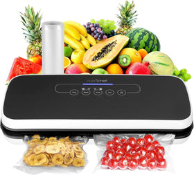 NutriChef automatic vacuum sealer front view in a compact kitchen setting showing its modern design