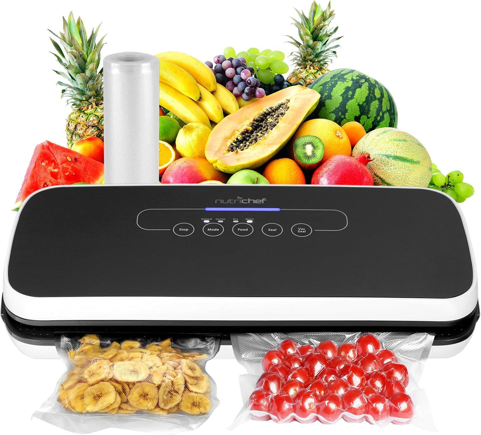 NutriChef automatic vacuum sealer front view in a compact kitchen setting showing its modern design