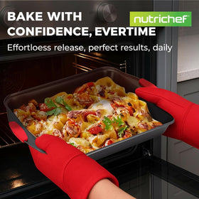 NutriChef cookie sheet with nonstick coating enables quick release and simple cleanup.