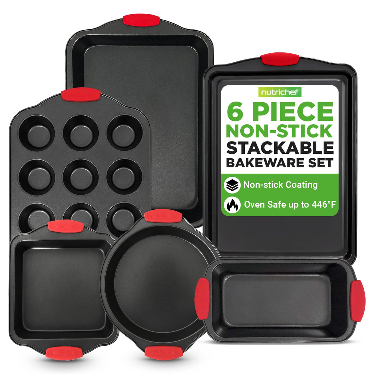 NutriChef Baking Pans Set 6-Piece overview with durable carbon steel for even heating and easy release.