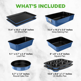 NutriChef blue bakeware on kitchen counter ready for bulk bake