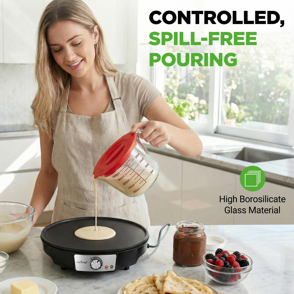 NutriChef borosilicate glass measuring cup tolerates extreme temperatures for versatile kitchen use.