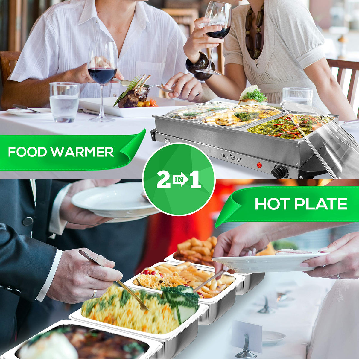 NutriChef buffet warmer featuring 3 see‑through lids for easy food monitoring.