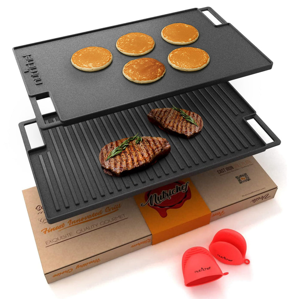 NutriChef cast iron reversible griddle flat top for even heat and versatile breakfast cooking