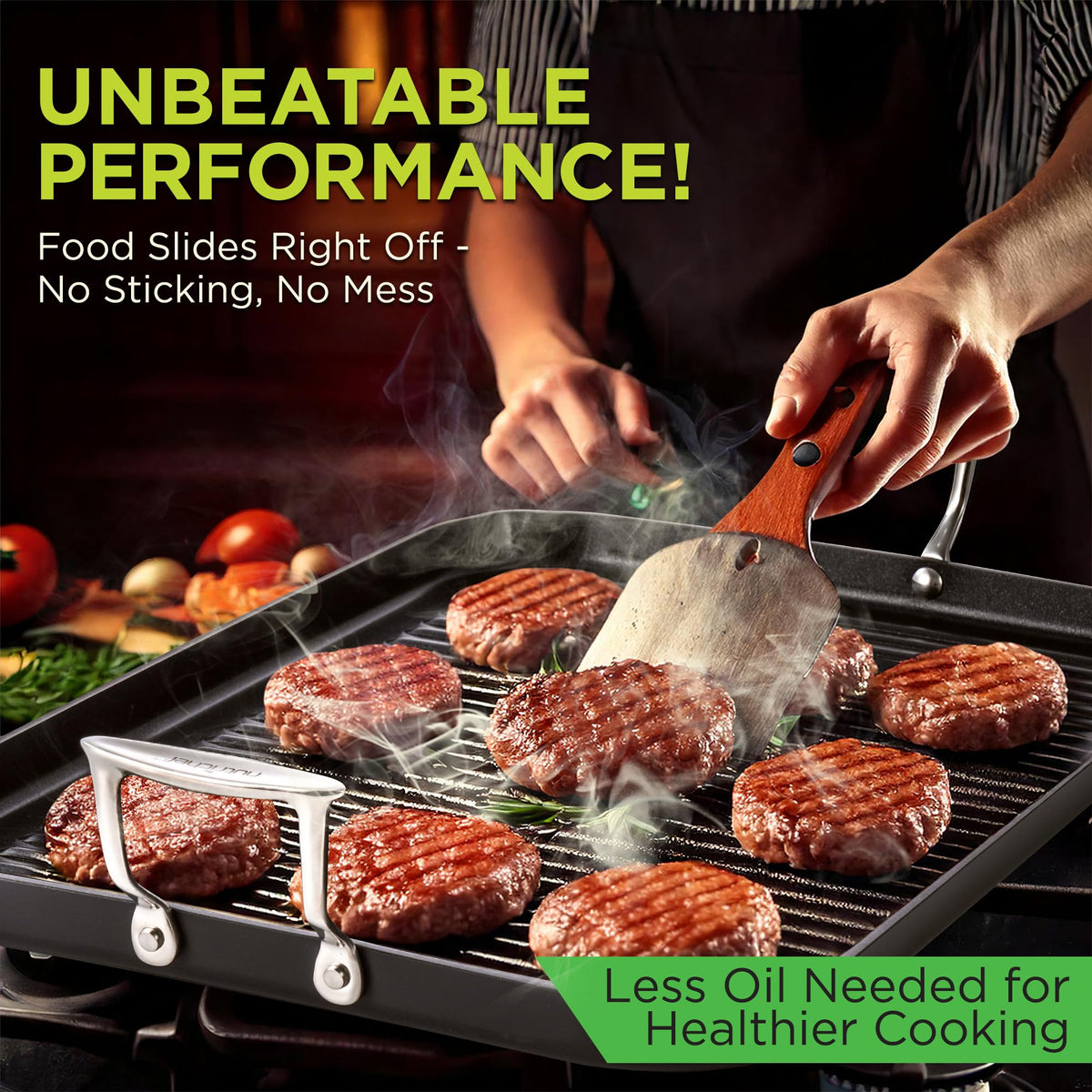NutriChef grill pan compatible with gas, ceramic, glass, and halogen cooktops for versatility.