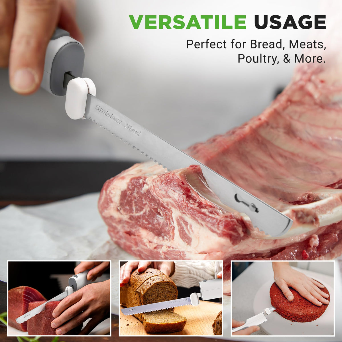 NutriChef cordless electric knife stainless steel blades deliver quick, even slices.