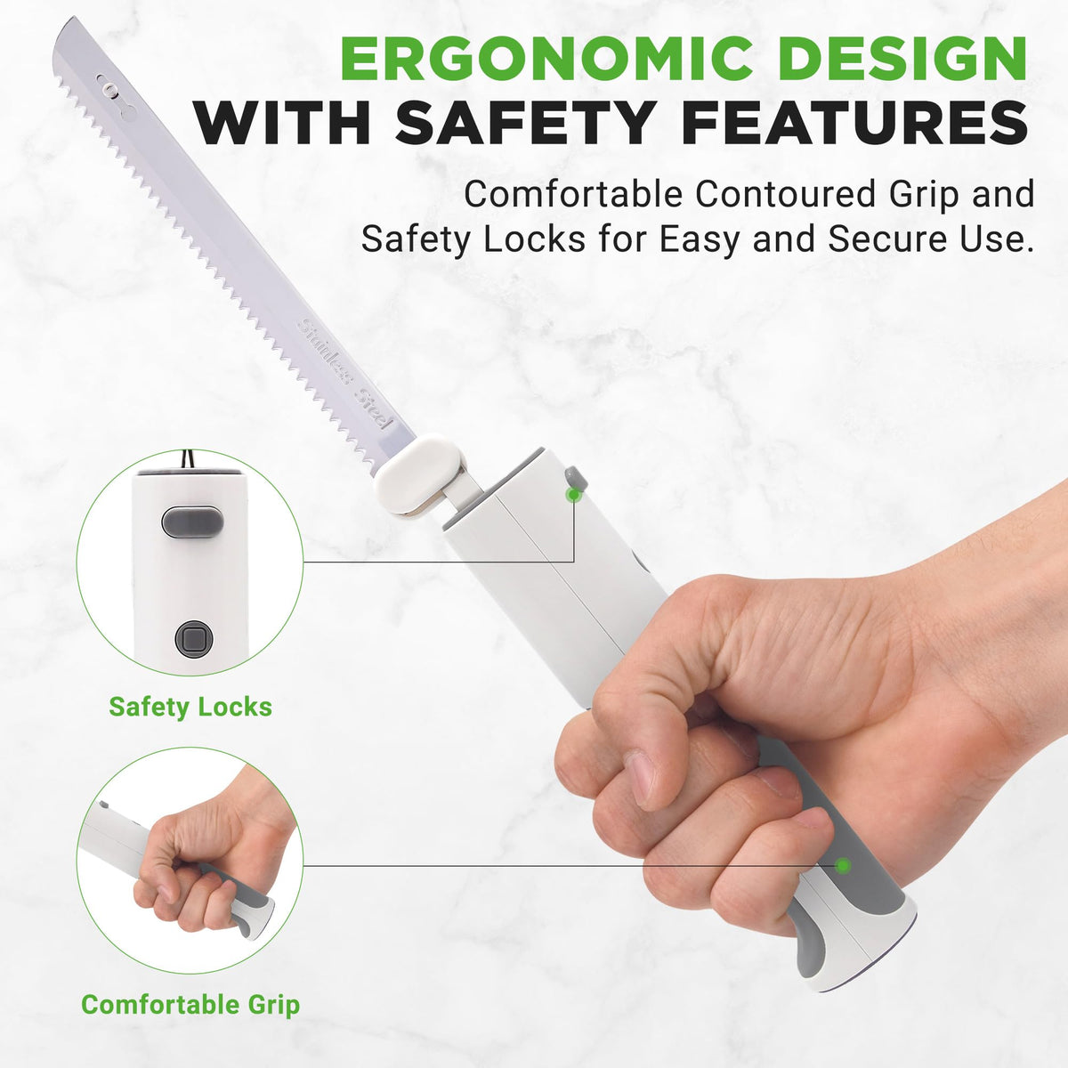 NutriChef cordless electric knife USB charging cable supports fast recharging.
