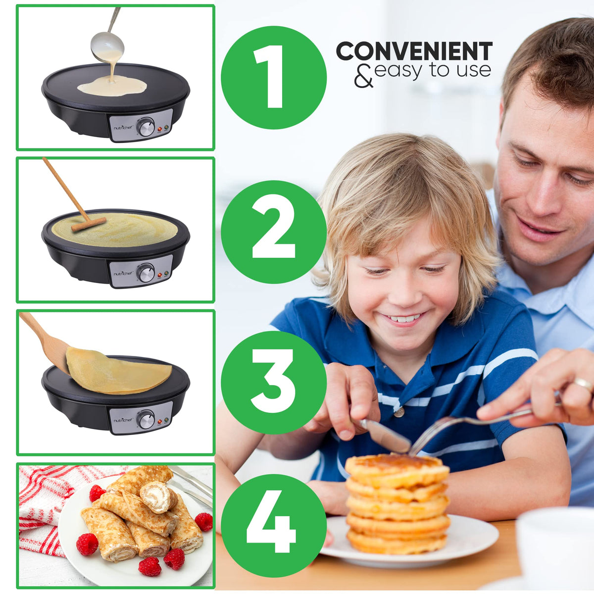 NutriChef Crepe turner included for smooth flipping of delicate crepes.