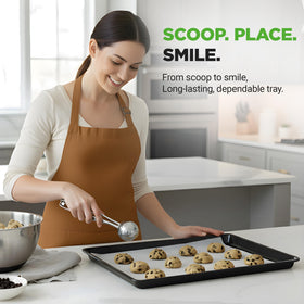 NutriChef cookie sheet shown as dishwasher-safe for simple cleanup after baking.