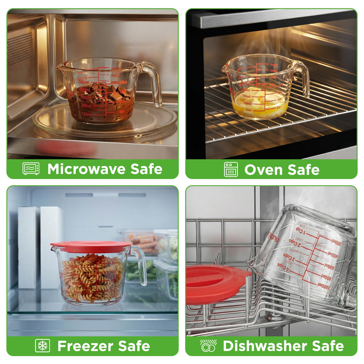NutriChef dishwasher-safe glass measuring cups for effortless cleaning.
