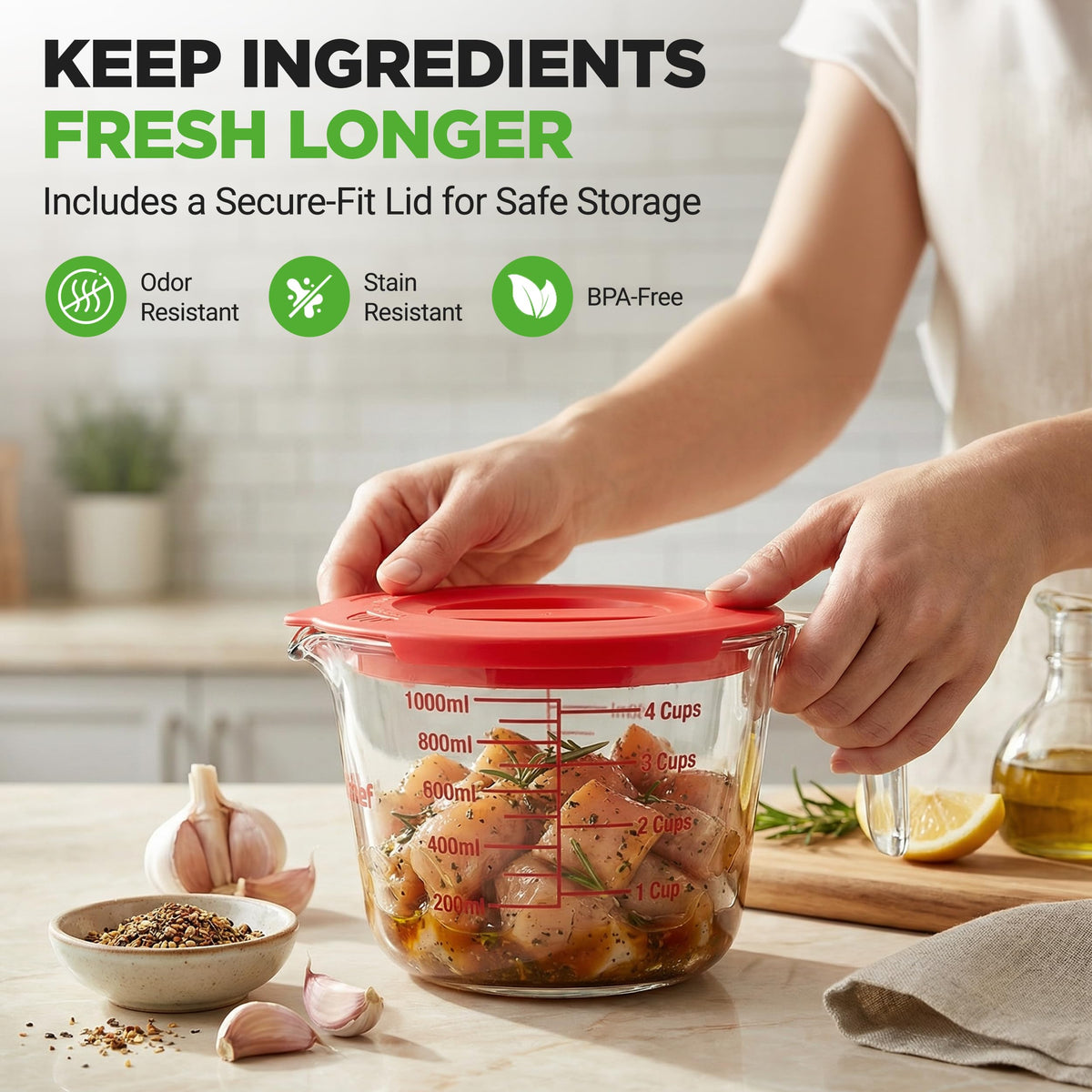NutriChef glass measuring cups dishwasher-safe for quick cleanup.