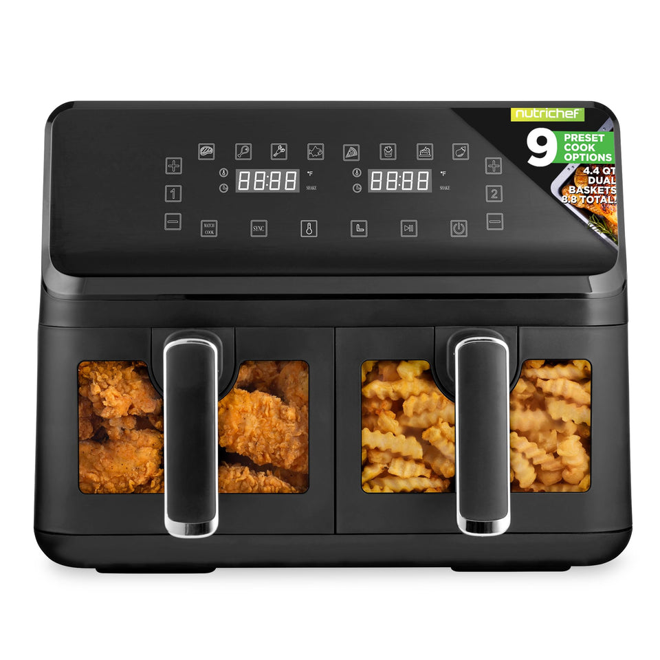 NutriChef double basket air fryer with front window for easy monitoring and crisp results