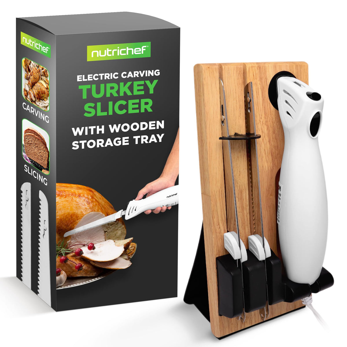 NutriChef electric carving knife with wood block storage keeps blades secure