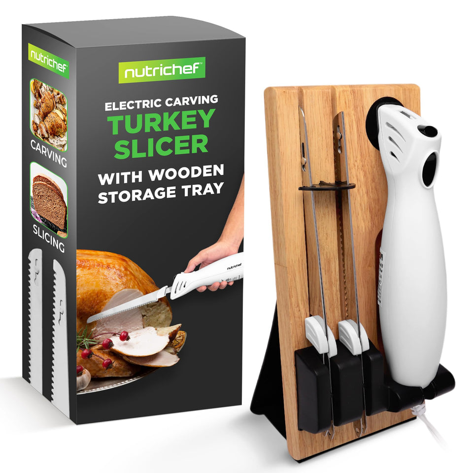 NutriChef electric carving knife with wood block storage keeps blades secure