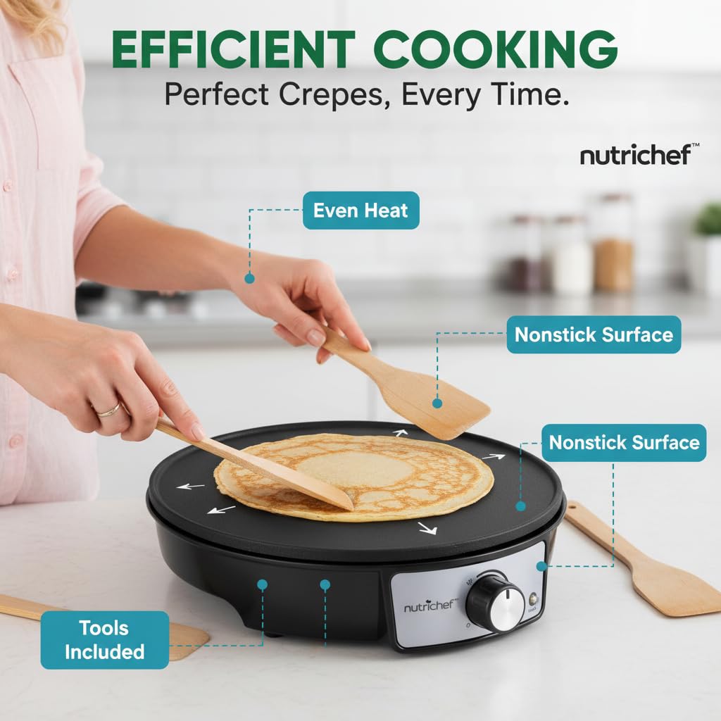 NutriChef electric crepe maker pan includes spatula and spreader