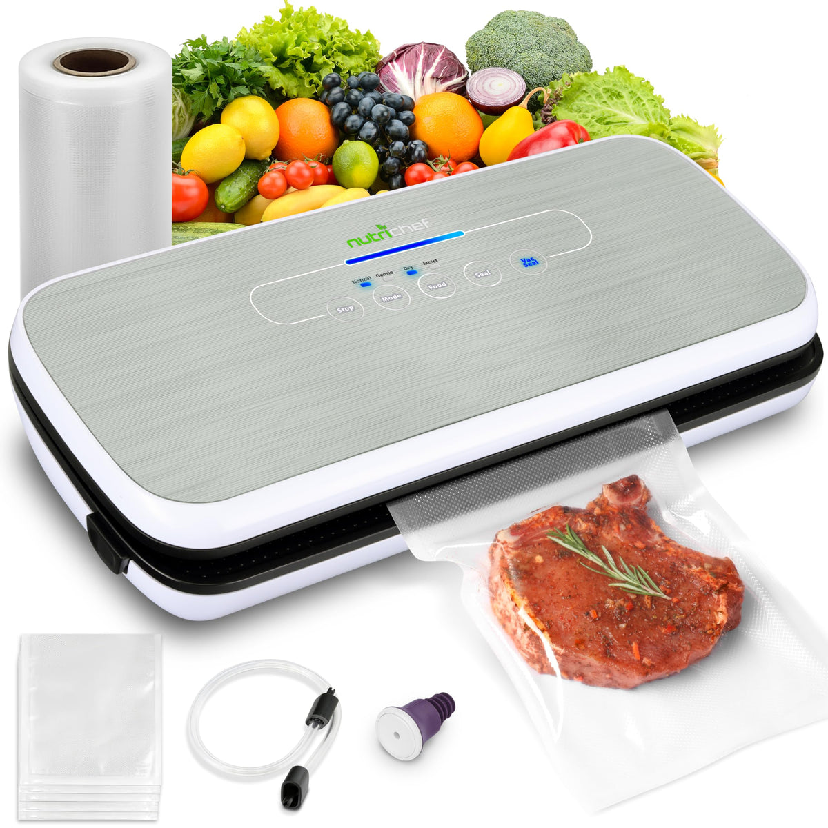 NutriChef food vacuum sealer on counter with LED controls for easy sealing.