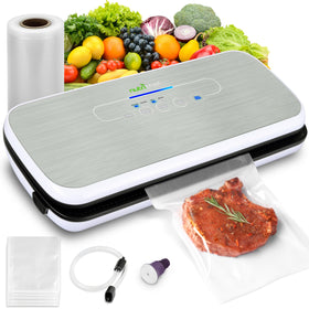 NutriChef food vacuum sealer on counter with LED controls for easy sealing.