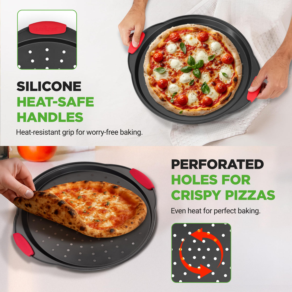 NutriChef gray finish pizza pan complements modern kitchen aesthetics.