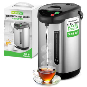 NutriChef hot water urn pot base shown on counter for quick tea and coffee service