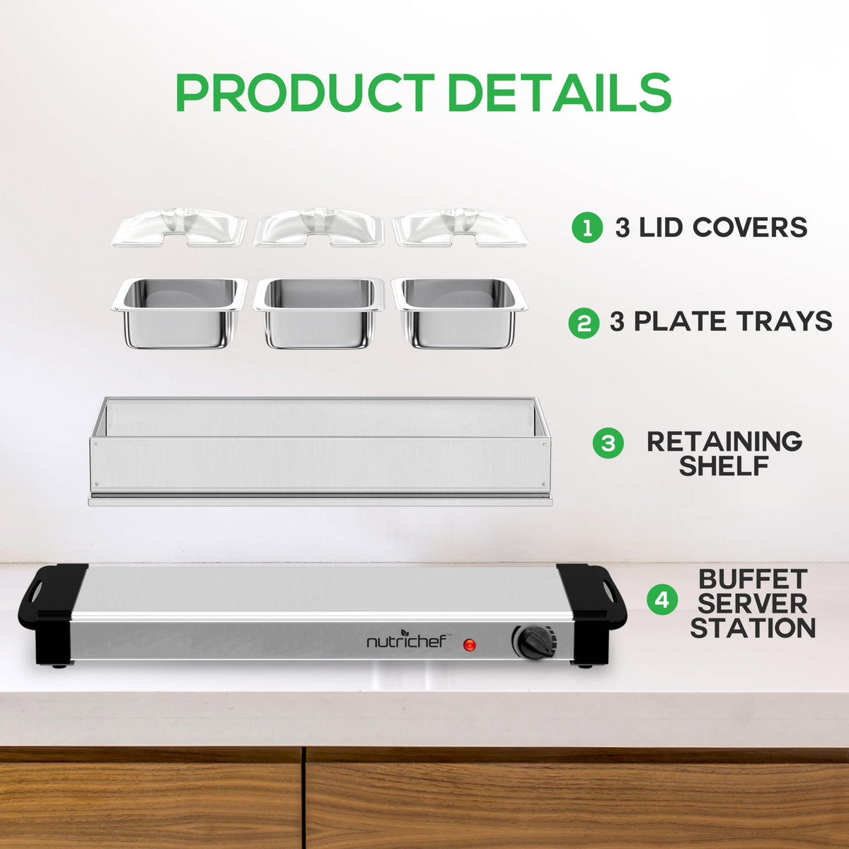NutriChef warmer reaching 175°F to keep dishes safely warm during service.