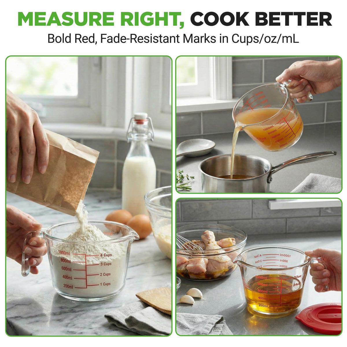 NutriChef measuring cup scale reads cups, ounces, and milliliters with bold red markings.