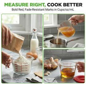 NutriChef measuring cup scale reads cups, ounces, and milliliters with bold red markings.