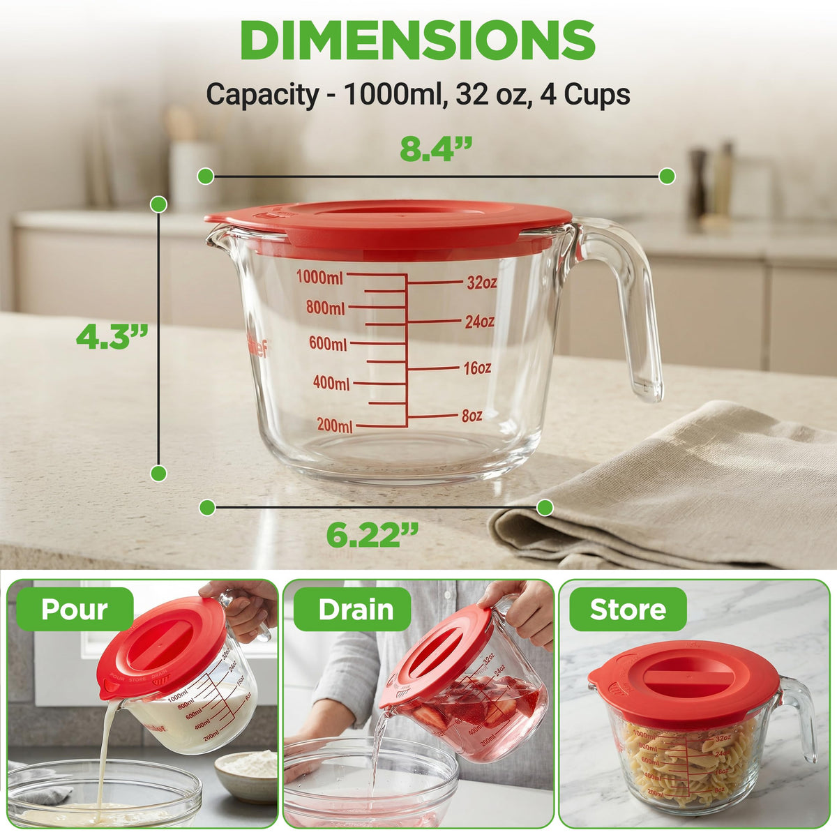 NutriChef measuring cup stackable design saves counter space and stores neatly.