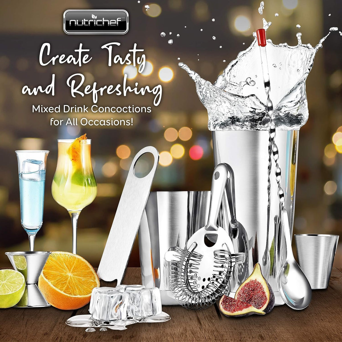 NutriChef 15 oz shaker with mirror finish for versatile mixed drinks.
