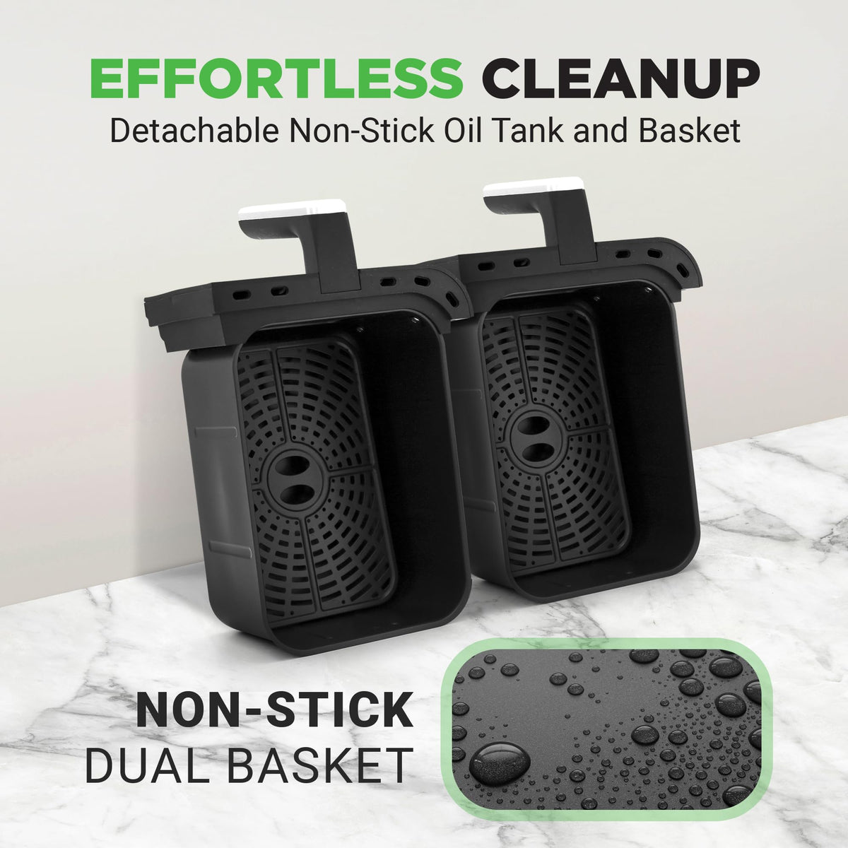 NutriChef non-stick removable basket and dishwasher-safe tray for easy cleanup