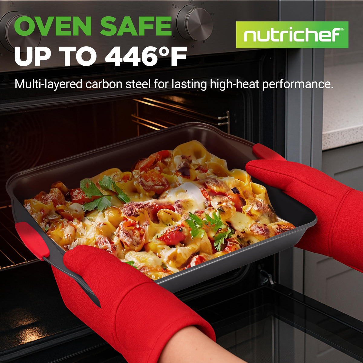 NutriChef nonstick baking pan set outside view highlights sturdy red silicone handles for safe use