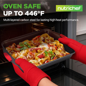 NutriChef nonstick baking pan set outside view highlights sturdy red silicone handles for safe use