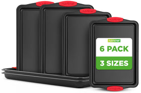 NutriChef nonstick baking pans with gray coating and red silicone handles for easy food release.