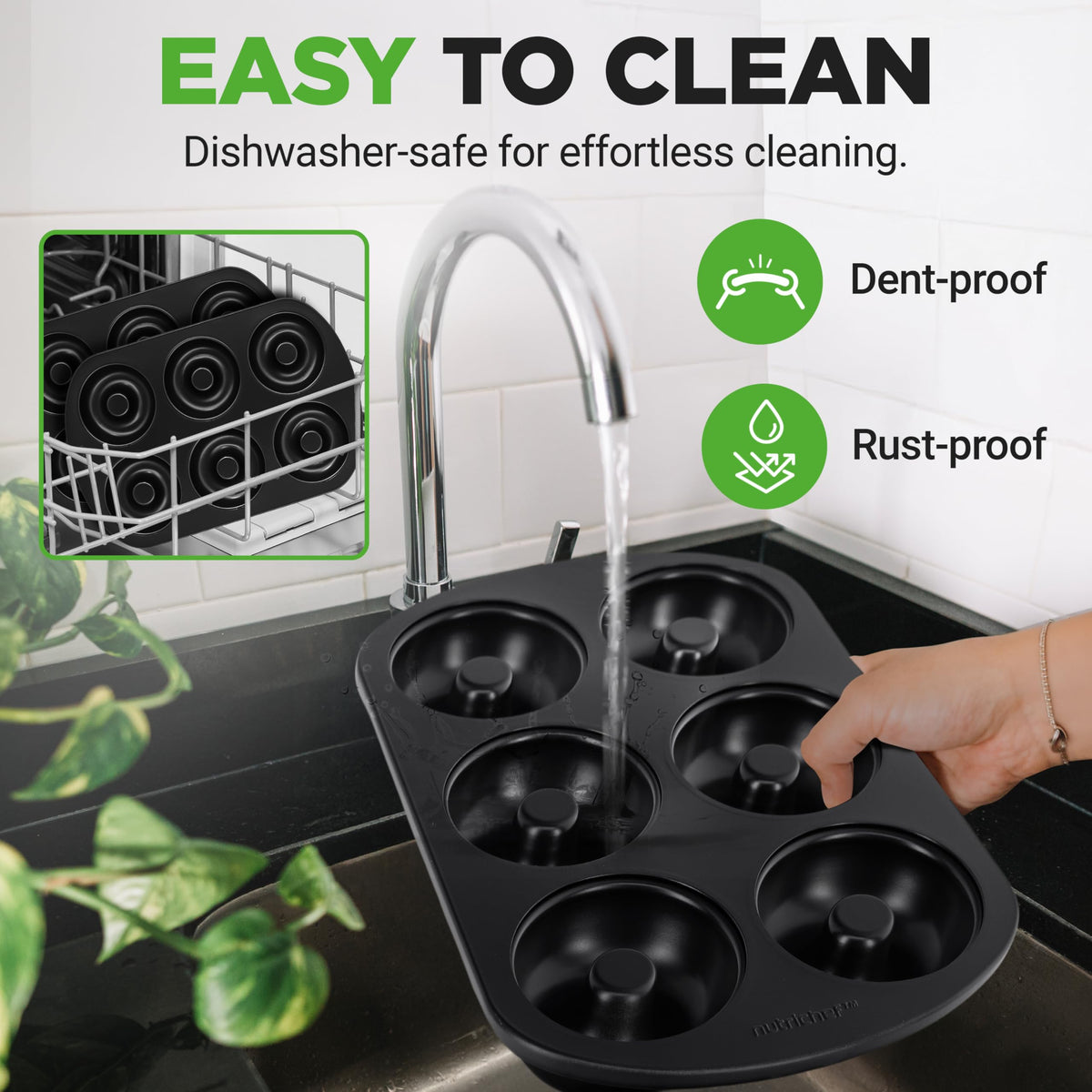 NutriChef donut pans on oven rack emphasizing oven-safe up to 450°F