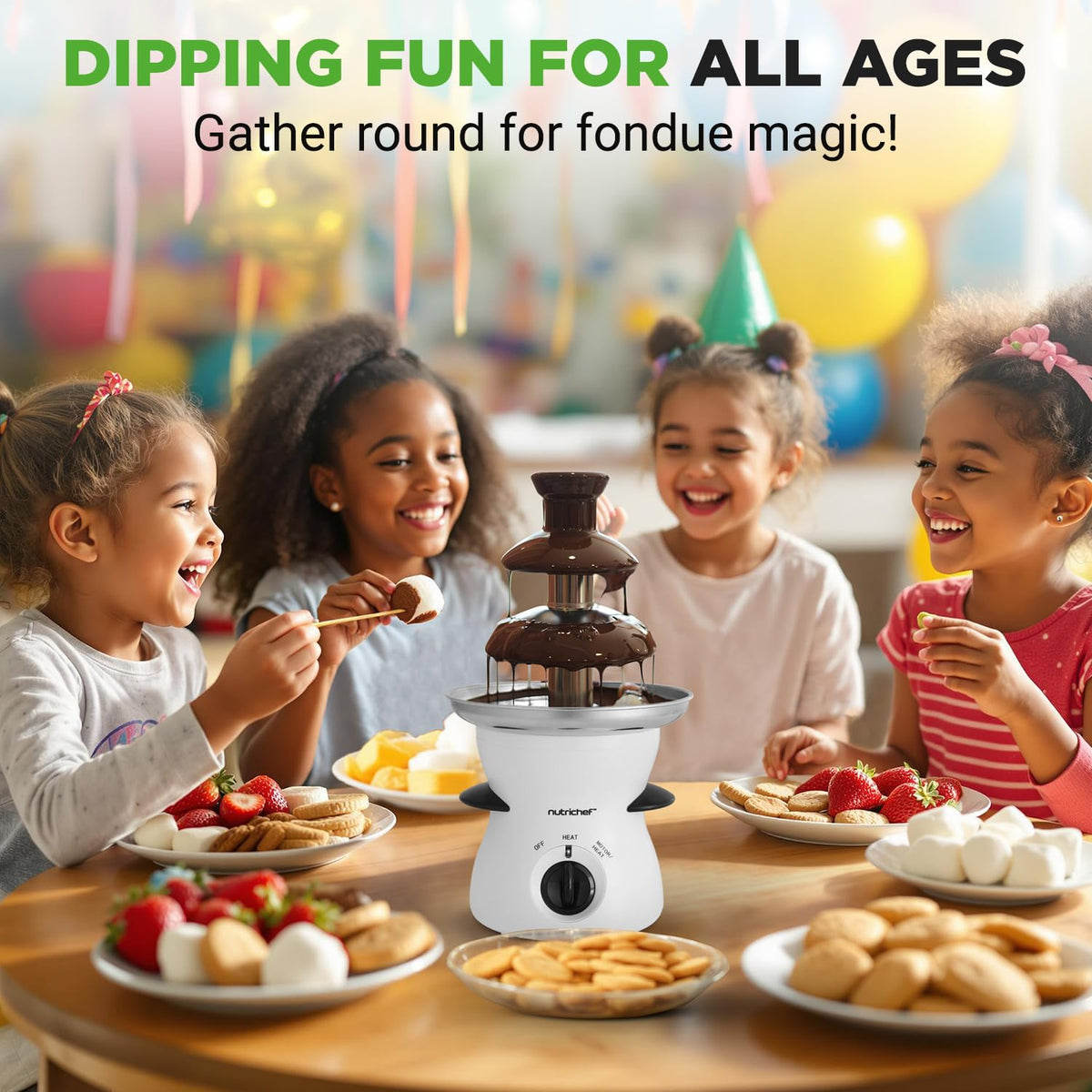NutriChef party and wedding setup featuring a chocolate fountain centerpiece
