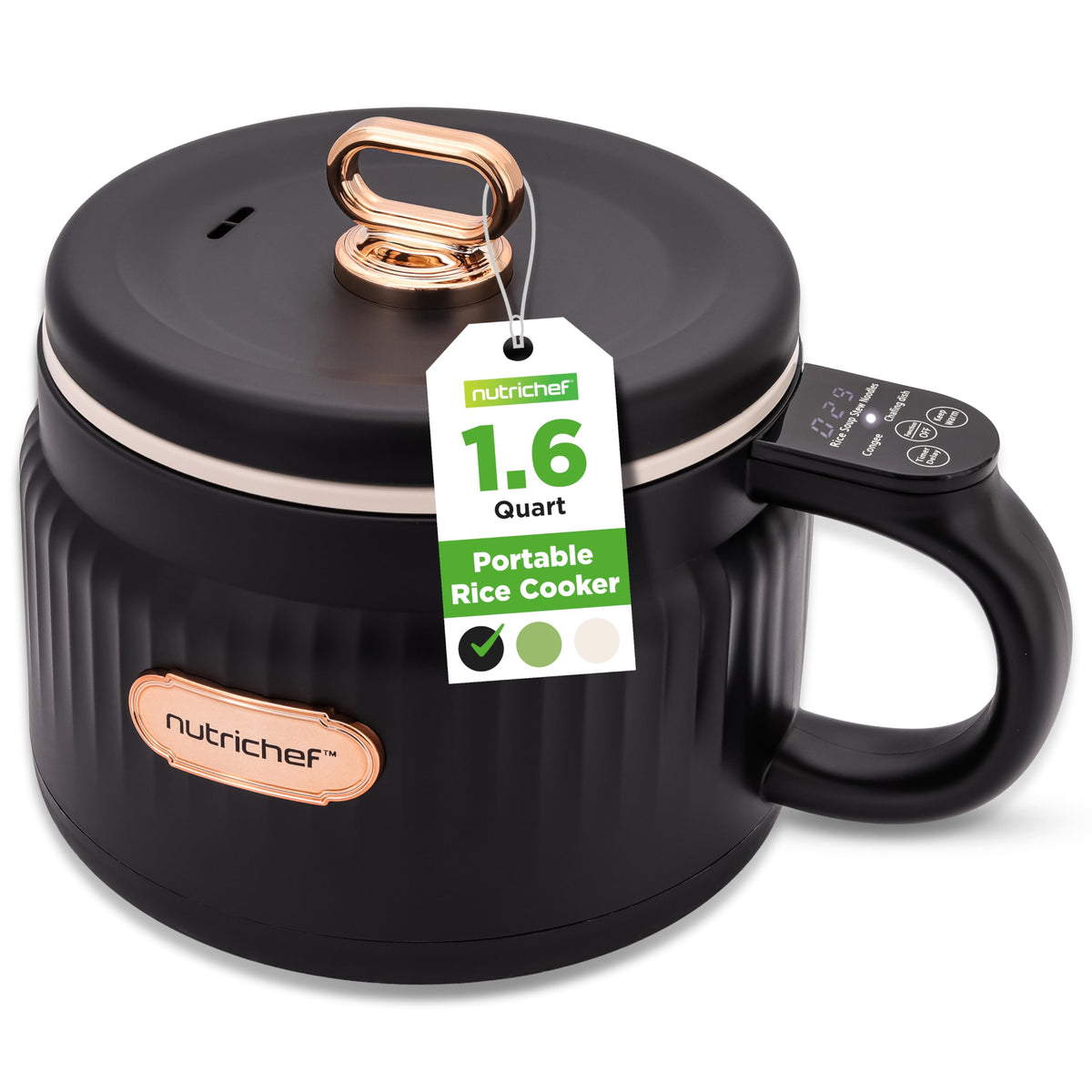 NutriChef portable 1.6 Qt rice cooker exterior in black, space-saving design for small kitchens.
